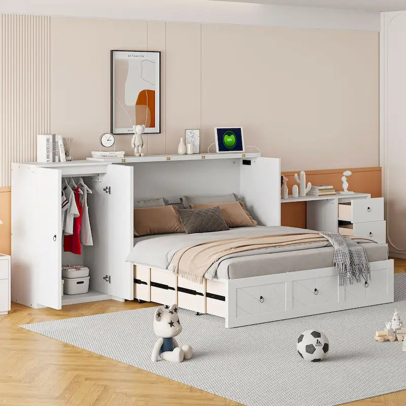Letto a scomparsa Queen grigio/bianco con armadio, scrivania e porta USB – 1 posto letto