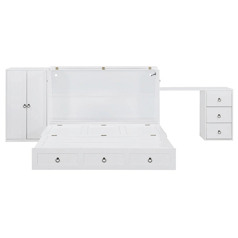 Letto a scomparsa Queen grigio/bianco con armadio, scrivania e porta USB – 1 posto letto