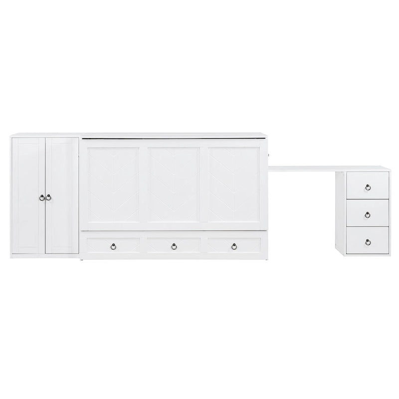 Letto a scomparsa Queen grigio/bianco con armadio, scrivania e porta USB – 1 posto letto