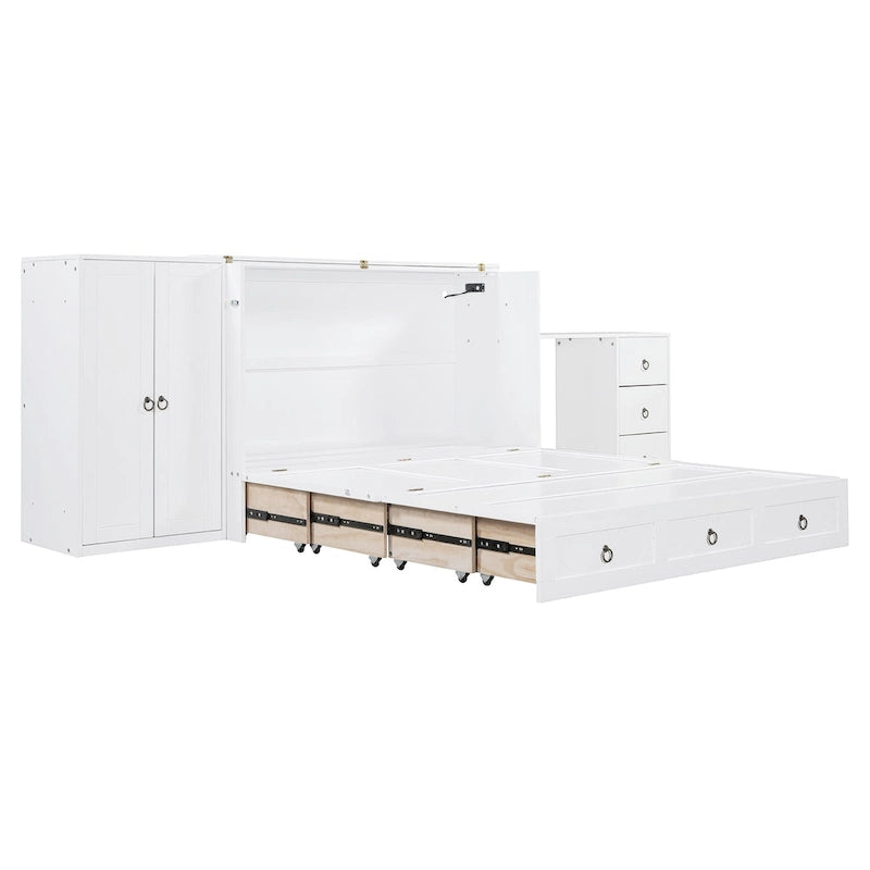 Letto a scomparsa Queen grigio/bianco con armadio, scrivania e porta USB – 1 posto letto
