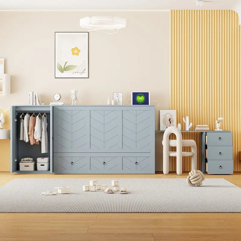 Letto a scomparsa Queen grigio/bianco con armadio, scrivania e porta USB – 1 posto letto