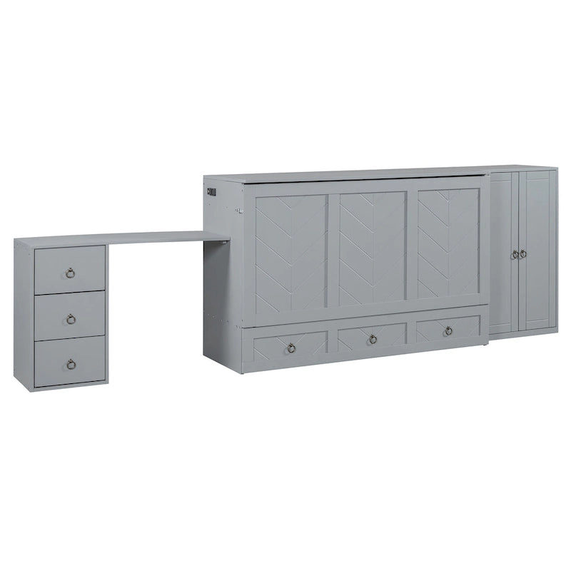 Letto a scomparsa Queen grigio/bianco con armadio, scrivania e porta USB – 1 posto letto
