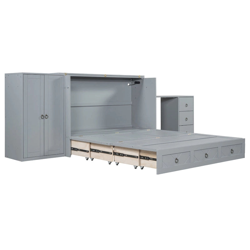 Letto a scomparsa Queen grigio/bianco con armadio, scrivania e porta USB – 1 posto letto