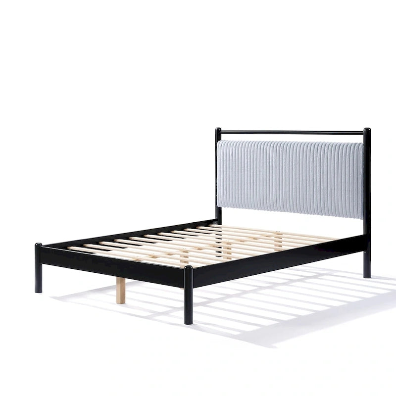 Letto a piattaforma grande grigio e nero con testiera imbottita – Adatto per 1-2 persone