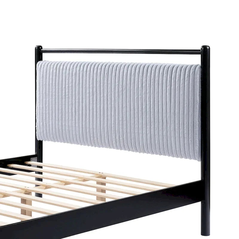 Letto a piattaforma grande grigio e nero con testiera imbottita – Adatto per 1-2 persone