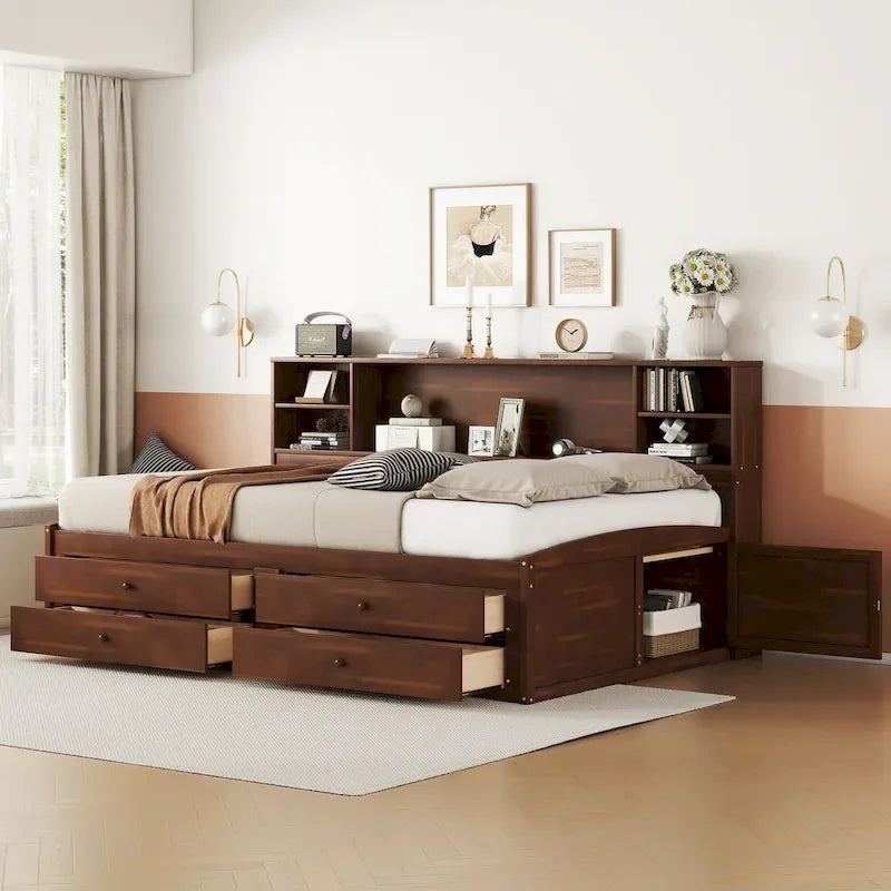 Letto da Capitano Full Size Antico Marrone con Contenitore – 4 Cassetti, 2 Armadietti, Testiera Libreria, per 1 Persona
