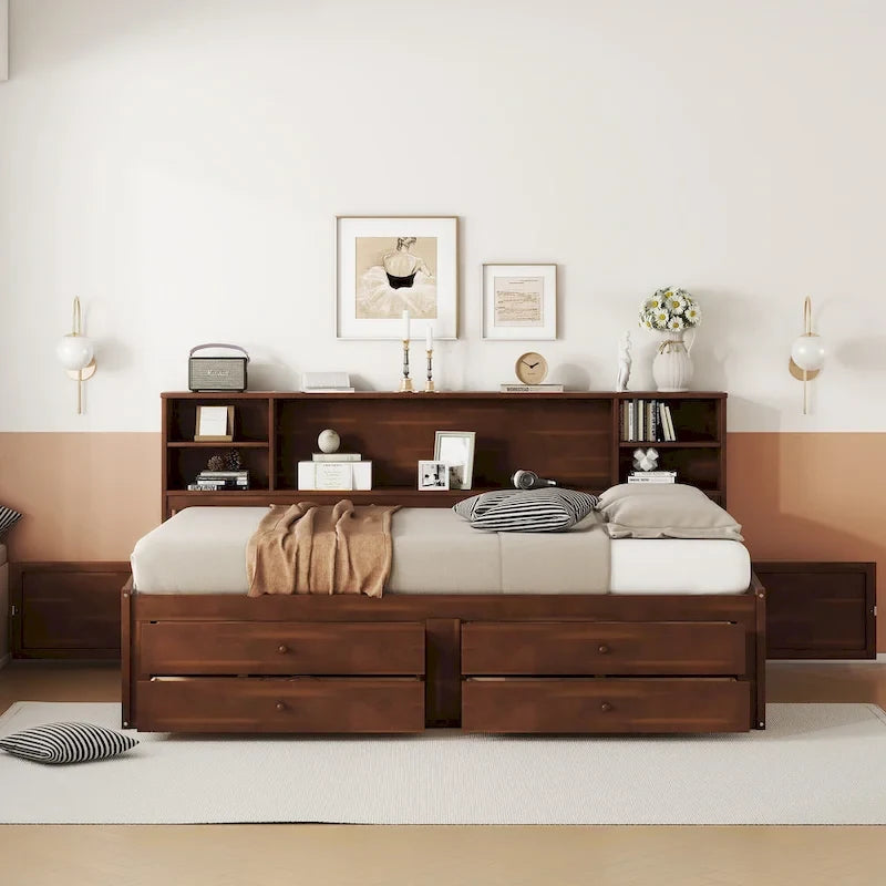 Letto da Capitano Full Size Antico Marrone con Contenitore – 4 Cassetti, 2 Armadietti, Testiera Libreria, per 1 Persona