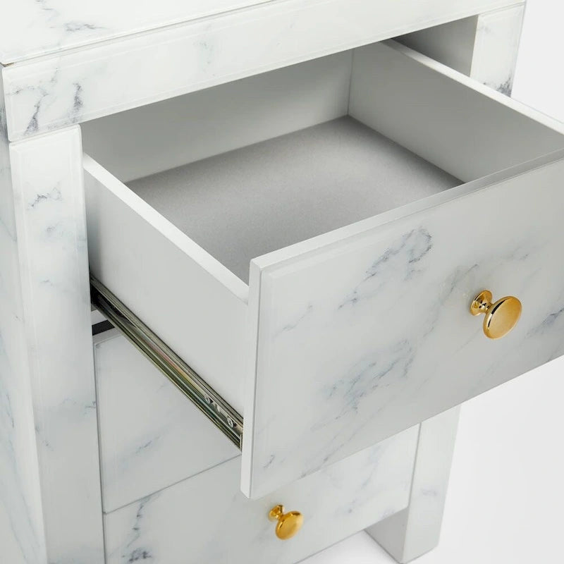 Comodino singolo bianco opaco a 3 cassetti con ripiano in vetro temperato