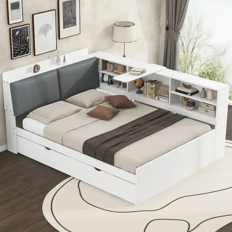 Letto a piattaforma in legno bianco e grigio con letto estraibile e vano contenitore, Twin/Full, per 1-2 persone