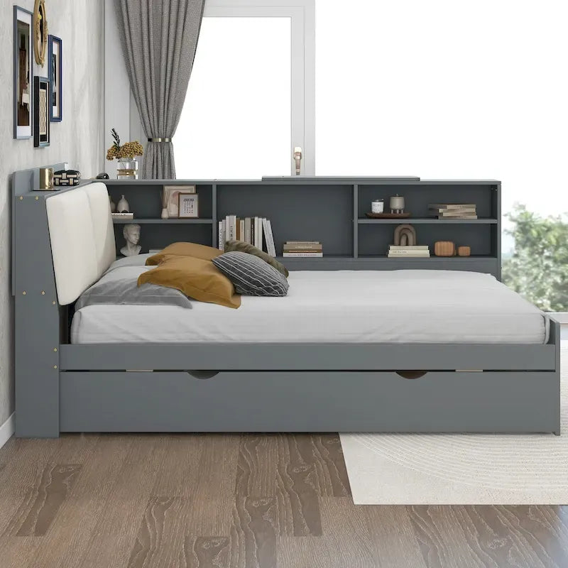 Letto a piattaforma in legno bianco e grigio con letto estraibile e vano contenitore, Twin/Full, per 1-2 persone
