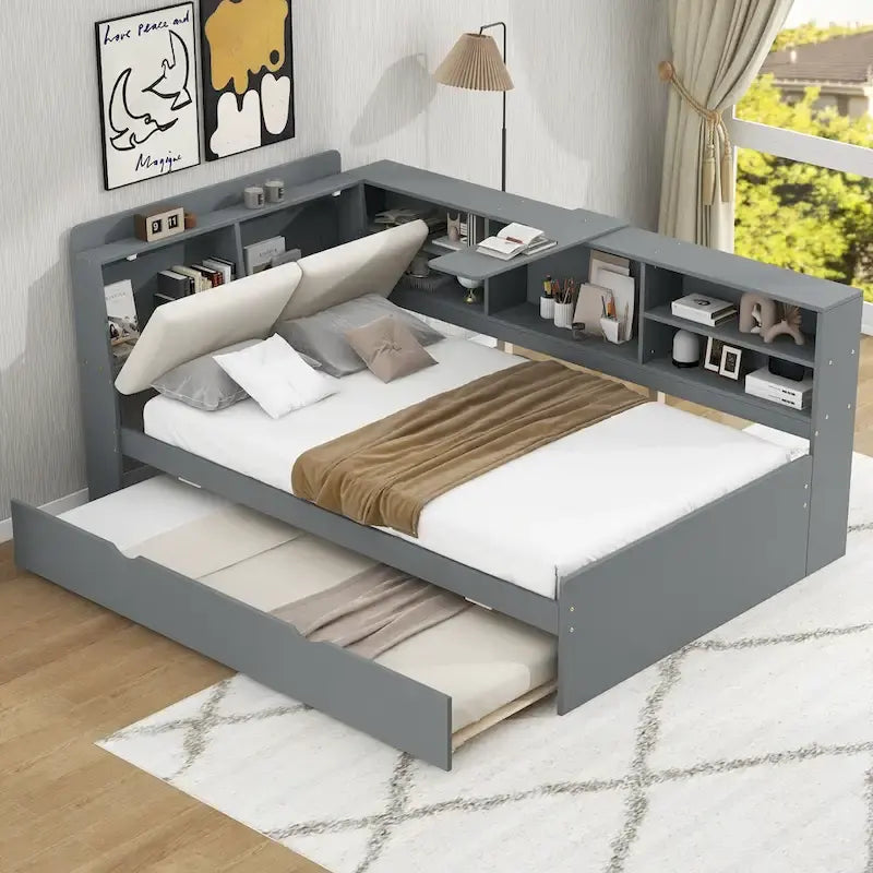 Letto a piattaforma in legno bianco e grigio con letto estraibile e vano contenitore, Twin/Full, per 1-2 persone