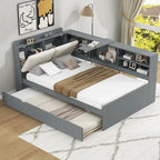 Letto a piattaforma in legno bianco e grigio con letto estraibile e vano contenitore, Twin/Full, per 1-2 persone