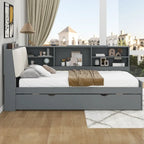 Letto a piattaforma in legno bianco e grigio con letto estraibile e vano contenitore, Twin/Full, per 1-2 persone