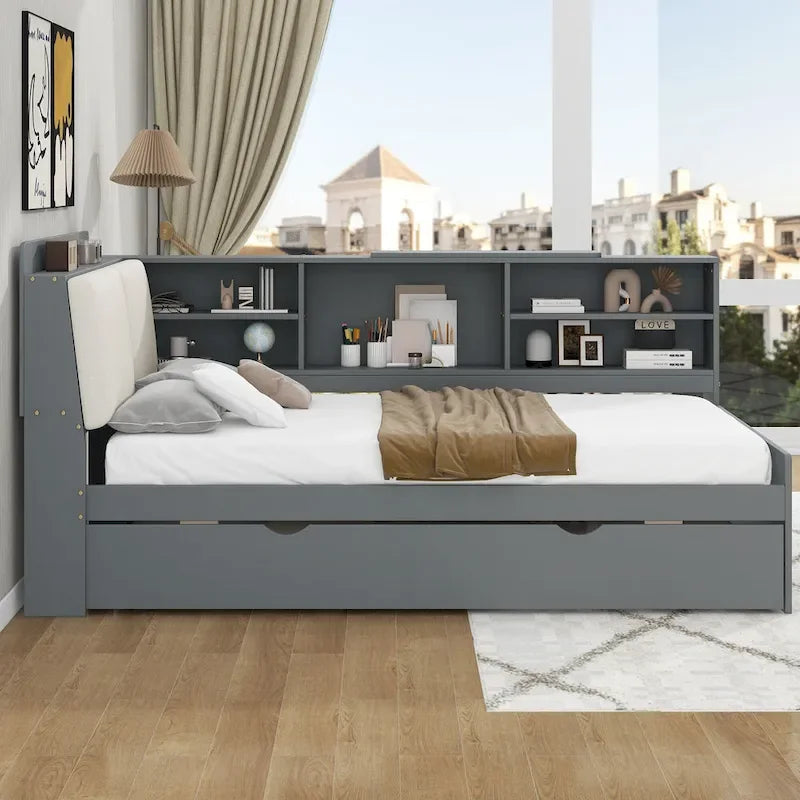 Letto a piattaforma in legno bianco e grigio con letto estraibile e vano contenitore, Twin/Full, per 1-2 persone