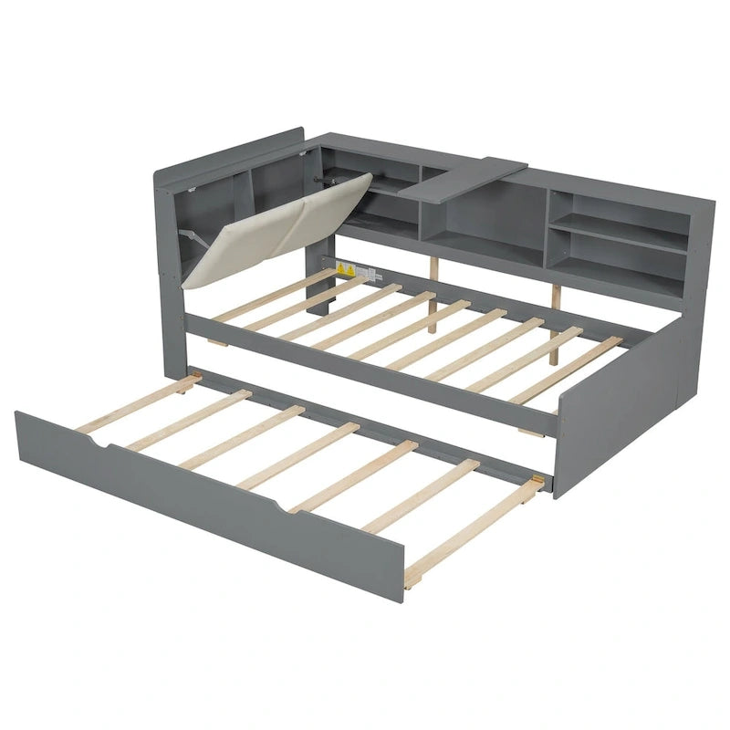Letto a piattaforma in legno bianco e grigio con letto estraibile e vano contenitore, Twin/Full, per 1-2 persone