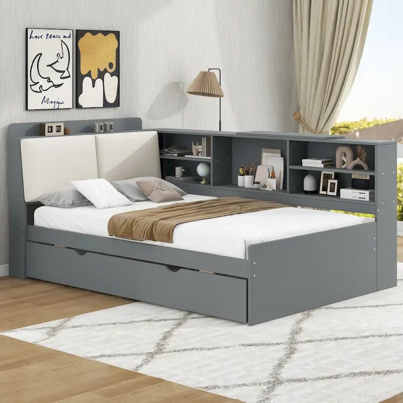 Letto a piattaforma in legno bianco e grigio con letto estraibile e vano contenitore, Twin/Full, per 1-2 persone