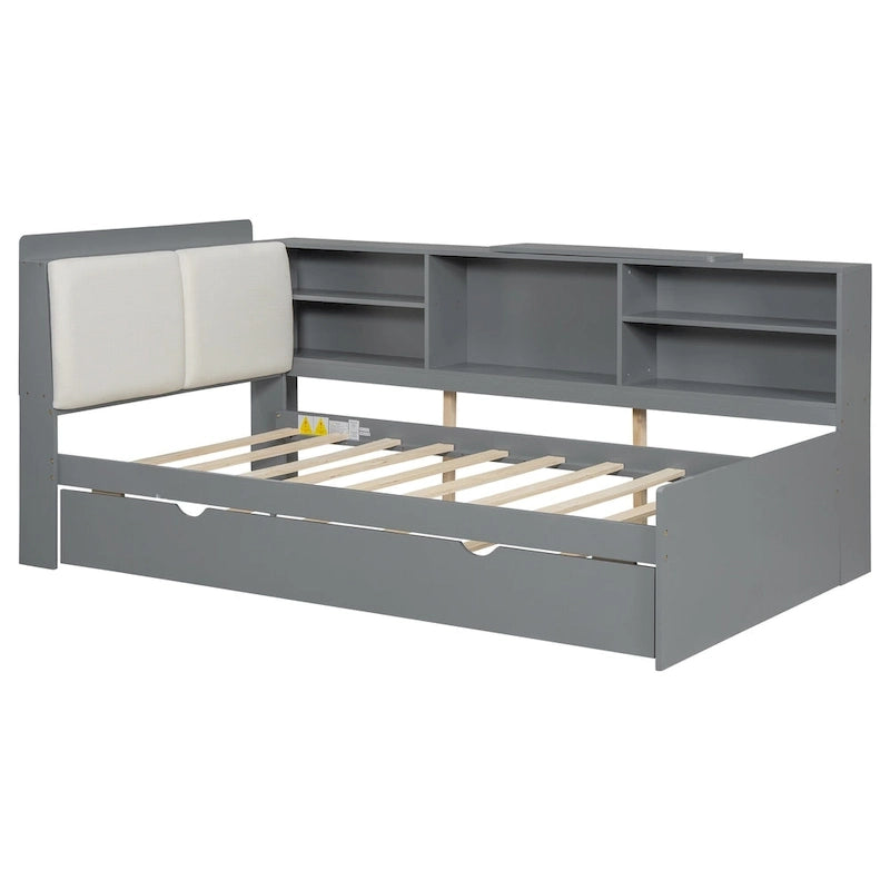 Letto a piattaforma in legno bianco e grigio con letto estraibile e vano contenitore, Twin/Full, per 1-2 persone