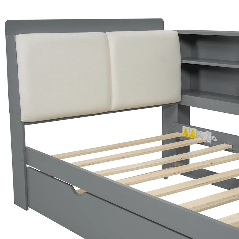 Letto a piattaforma in legno bianco e grigio con letto estraibile e vano contenitore, Twin/Full, per 1-2 persone