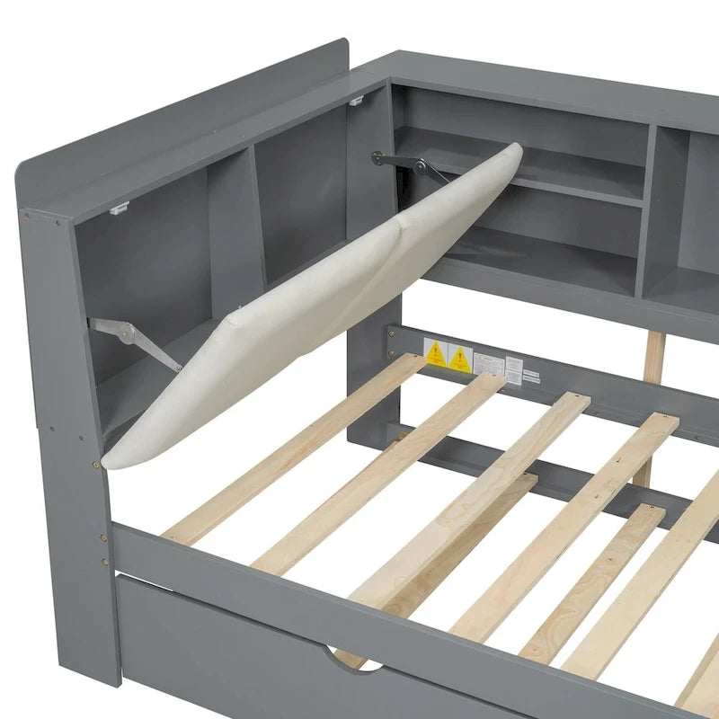 Letto a piattaforma in legno bianco e grigio con letto estraibile e vano contenitore, Twin/Full, per 1-2 persone