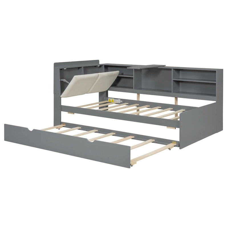 Letto a piattaforma in legno bianco e grigio con letto estraibile e vano contenitore, Twin/Full, per 1-2 persone