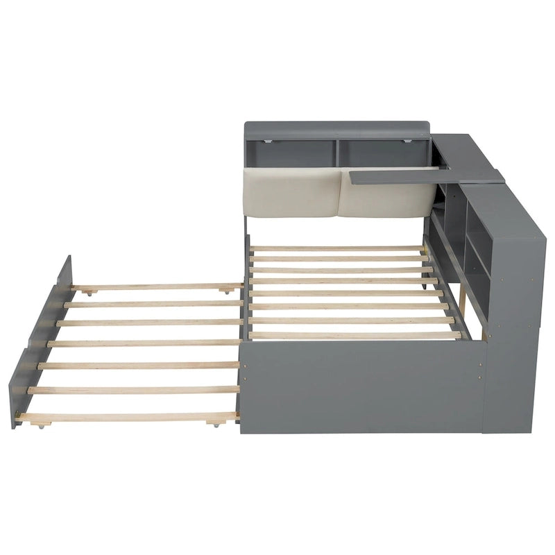 Letto a piattaforma in legno bianco e grigio con letto estraibile e vano contenitore, Twin/Full, per 1-2 persone