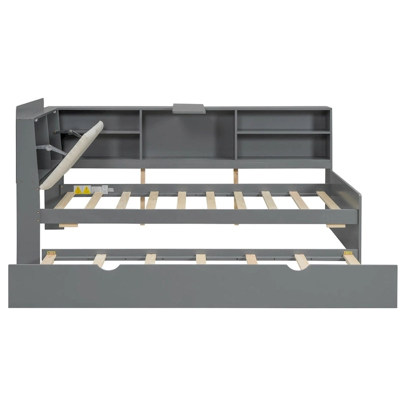 Letto a piattaforma in legno bianco e grigio con letto estraibile e vano contenitore, Twin/Full, per 1-2 persone