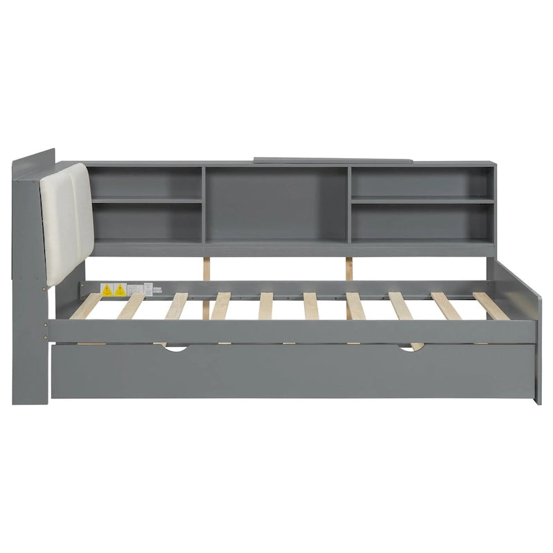 Letto a piattaforma in legno bianco e grigio con letto estraibile e vano contenitore, Twin/Full, per 1-2 persone