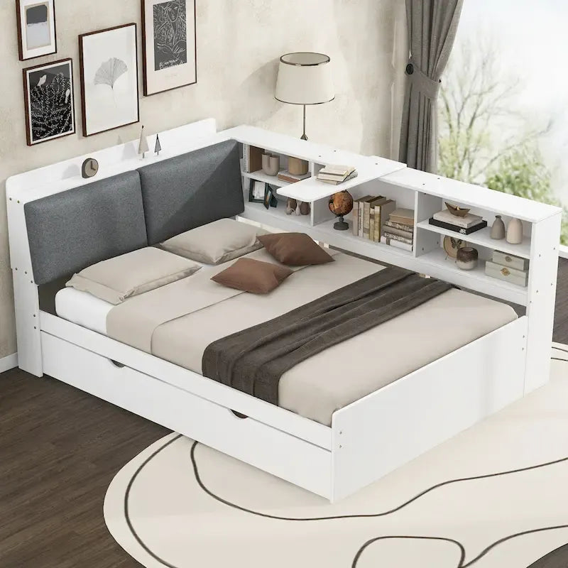 Letto a piattaforma in legno bianco e grigio con letto estraibile e vano contenitore, Twin/Full, per 1-2 persone