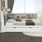 Letto a piattaforma in legno bianco e grigio con letto estraibile e vano contenitore, Twin/Full, per 1-2 persone