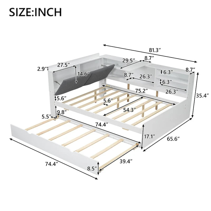 Letto a piattaforma in legno bianco e grigio con letto estraibile e vano contenitore, Twin/Full, per 1-2 persone
