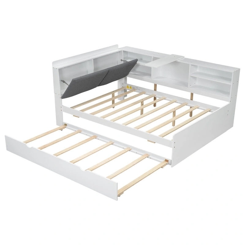 Letto a piattaforma in legno bianco e grigio con letto estraibile e vano contenitore, Twin/Full, per 1-2 persone
