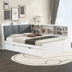 Letto a piattaforma in legno bianco e grigio con letto estraibile e vano contenitore, Twin/Full, per 1-2 persone