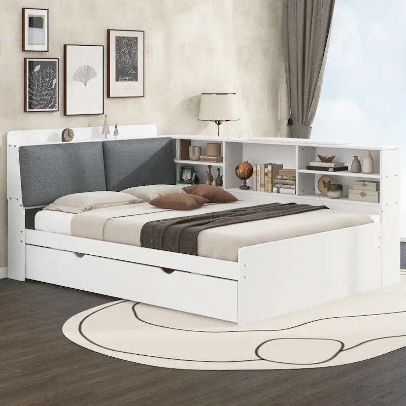 Letto a piattaforma in legno bianco e grigio con letto estraibile e vano contenitore, Twin/Full, per 1-2 persone