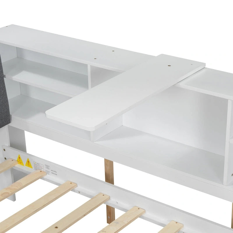 Letto a piattaforma in legno bianco e grigio con letto estraibile e vano contenitore, Twin/Full, per 1-2 persone