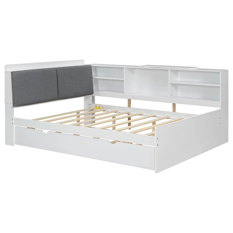 Letto a piattaforma in legno bianco e grigio con letto estraibile e vano contenitore, Twin/Full, per 1-2 persone
