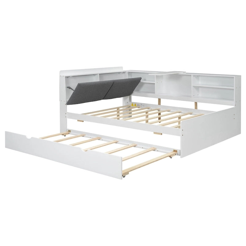 Letto a piattaforma in legno bianco e grigio con letto estraibile e vano contenitore, Twin/Full, per 1-2 persone