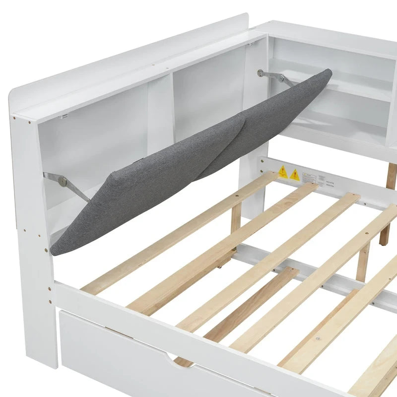 Letto a piattaforma in legno bianco e grigio con letto estraibile e vano contenitore, Twin/Full, per 1-2 persone