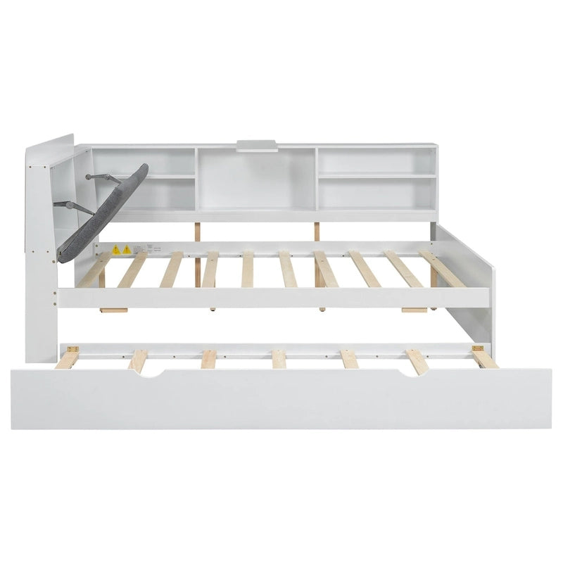 Letto a piattaforma in legno bianco e grigio con letto estraibile e vano contenitore, Twin/Full, per 1-2 persone
