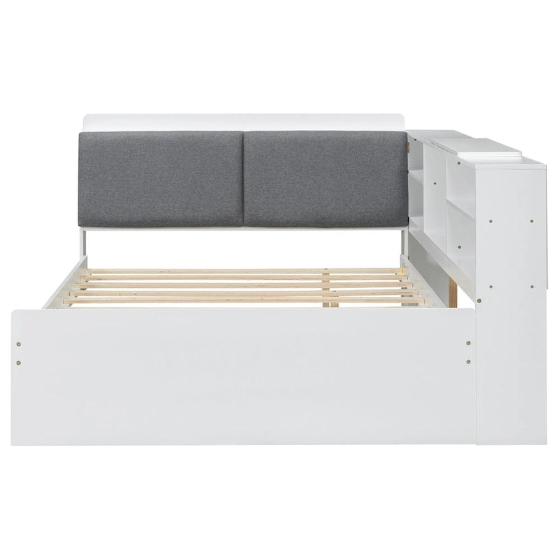 Letto a piattaforma in legno bianco e grigio con letto estraibile e vano contenitore, Twin/Full, per 1-2 persone