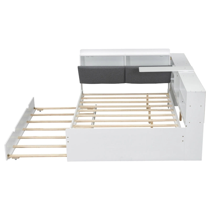 Letto a piattaforma in legno bianco e grigio con letto estraibile e vano contenitore, Twin/Full, per 1-2 persone
