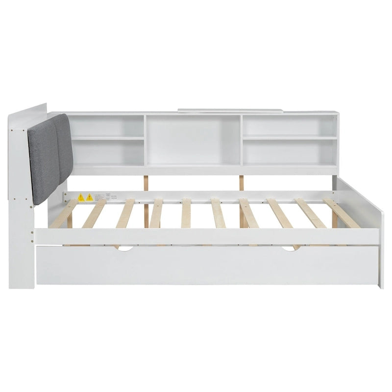 Letto a piattaforma in legno bianco e grigio con letto estraibile e vano contenitore, Twin/Full, per 1-2 persone