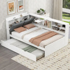 Letto a piattaforma in legno bianco e grigio con letto estraibile e vano contenitore, Twin/Full, per 1-2 persone