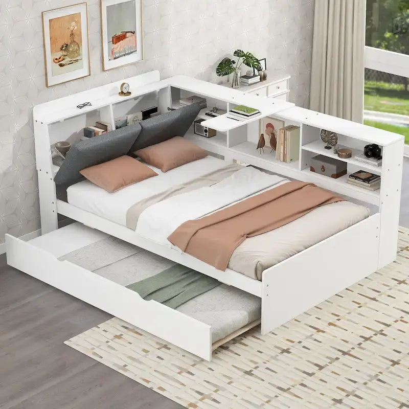Letto a piattaforma in legno bianco e grigio con letto estraibile e vano contenitore, Twin/Full, per 1-2 persone