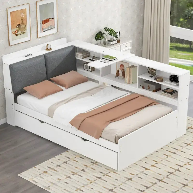 Letto a piattaforma in legno bianco e grigio con letto estraibile e vano contenitore, Twin/Full, per 1-2 persone