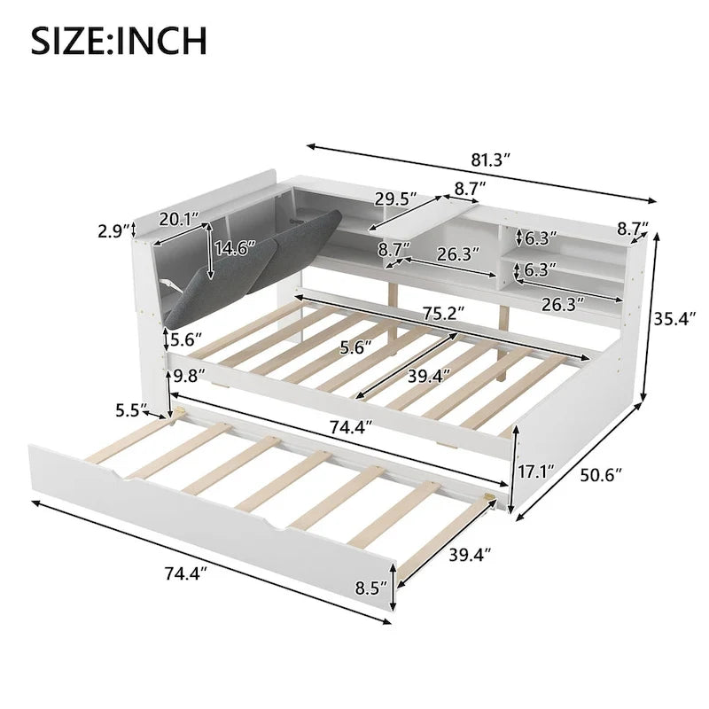 Letto a piattaforma in legno bianco e grigio con letto estraibile e vano contenitore, Twin/Full, per 1-2 persone
