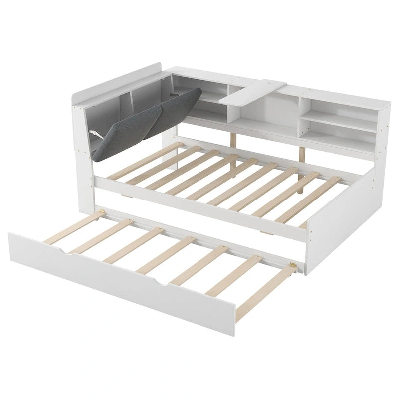 Letto a piattaforma in legno bianco e grigio con letto estraibile e vano contenitore, Twin/Full, per 1-2 persone