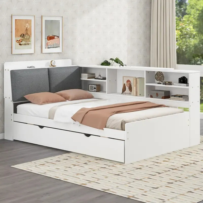 Letto a piattaforma in legno bianco e grigio con letto estraibile e vano contenitore, Twin/Full, per 1-2 persone