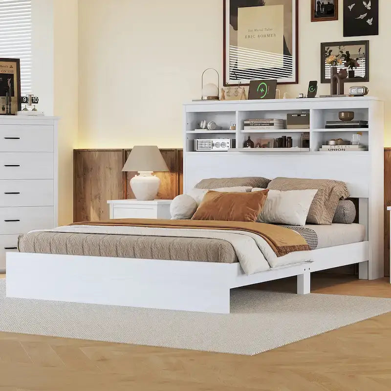 Letto Matrimoniale Queen in Stile Vintage con Testiera Contenitore e Stazione di Ricarica – Grigio Chiaro / Bianco / Noce, 1–2 Persone