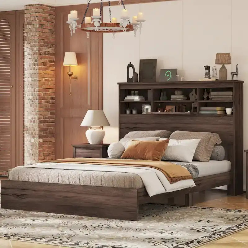 Letto Matrimoniale Queen in Stile Vintage con Testiera Contenitore e Stazione di Ricarica – Grigio Chiaro / Bianco / Noce, 1–2 Persone