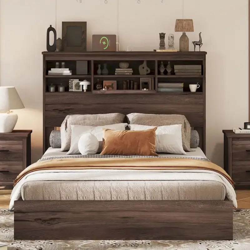 Letto Matrimoniale Queen in Stile Vintage con Testiera Contenitore e Stazione di Ricarica – Grigio Chiaro / Bianco / Noce, 1–2 Persone